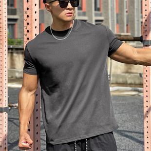 男士健身运动训练修身收口小袖口棉弹力透气重磅纯色显大短袖T恤