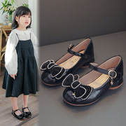 女童皮鞋公主鞋，2024春秋韩版蝴蝶结，小女孩高跟鞋黑色软底单鞋