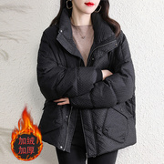 韩版羽绒棉服女2023冬季黑色，菱形格大码胖mm加绒加厚棉衣外套