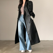 韩国chic春季法式复古显瘦百搭西装，领过膝长款皮衣黑色风衣外套女