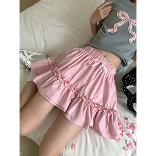 CCKOK 高级荷叶边粉色蛋糕短裙2024夏季韩版高腰显瘦半身裙女
