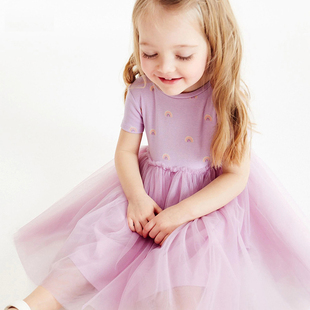 女童甜美公主裙夏季彩虹卡通网纱针织外穿可爱小女孩短袖裙连衣裙