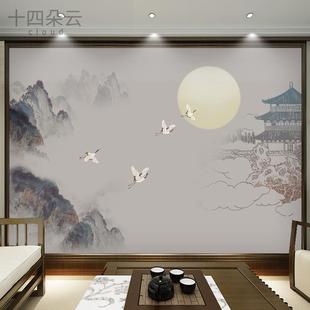 中式山水仙鹤楼阁客厅，墙纸客厅沙发影视，电视背景墙纸定制壁画