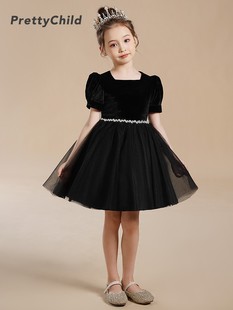 女儿童黑色网纱公主裙秋冬圣诞节丝绒钢琴演出服洋气泡泡袖小礼服