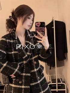 RIXO EXIT法式千鸟格毛呢西装外套女秋冬宽松加厚中长款大衣