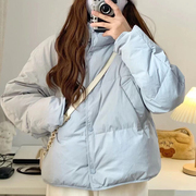 奶蓝色短款羽绒服女2023年韩版小个子立领白鸭绒(白鸭绒，)面包服外套冬