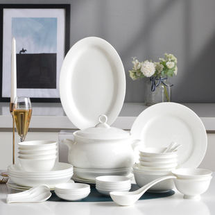 白色碗碟套装轻奢纯白陶瓷，碗盘56头家用简约釉下彩唐山骨瓷餐具