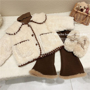 女童冬季两件套2023韩版羊羔绒翻领加厚毛毛外套加绒裤子