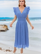 褶皱蓝色格子连衣裙女夏法式复古气质收腰显瘦小飞袖V领雪纺裙子