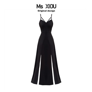 Ms XIDU 暗黑性感V领双开叉长裙绷带修身度假吊带连衣裙显瘦女夏