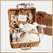 秋季新生儿礼盒有机彩棉衣服套装婴儿礼物，宝宝木质手摇铃玩具