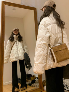 白色菱格羽绒棉服女2023年冬季韩系宽松显瘦小个子面包服外套