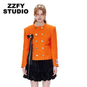 ZZFY STUDIO秋冬短款长袖毛呢气质圆领橘色双排扣粗花呢外套