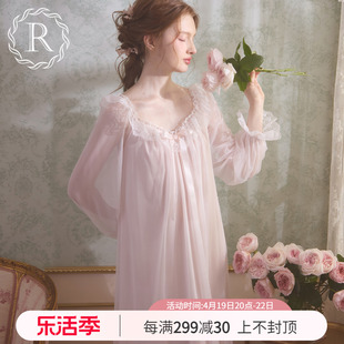 rosetree冰丝睡裙女春秋长袖蕾丝，性感复古宫廷，公主风睡衣2024