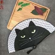 吉善扇子6寸女扇卡通折扇，猫咪扇丝绸，扇出国扇绢扇竹扇旗袍扇