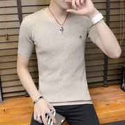 春夏薄毛衣男士短袖t恤v领纯色韩版休闲针织，打底线衫修身线衣体恤