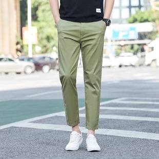 夏季薄款男士九分裤，纯棉直筒草绿色弹力，时尚潮流青年休闲裤子