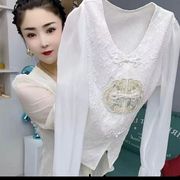新中式刺绣v领长袖，雪纺衬衫女春季2024春款国风，复古女士小衫