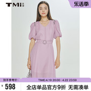 TMi同款天谜女装24夏季V领钉珠淑女优雅紫色连衣裙232174