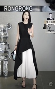 高级感轻奢气质黑白，拼接连衣裙女2024夏季收腰时尚设计感裙子