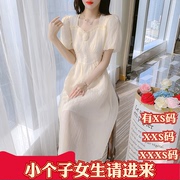 夏装150cm155小个子显高xxxs女装，方领泡泡袖竖纹绣花收腰连衣裙女