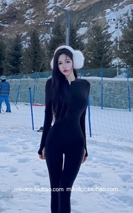 凹造型雪地长袖拉链修身包臀连体裤长裤黑色显身材瑜伽运动女装