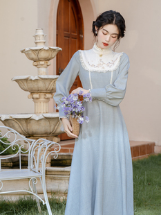 早春装新中式复古民国风小洋装，蓝色收腰连衣裙，淑女高级感气质长裙