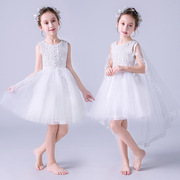 女童礼服裙拖尾白色钢琴演出服小主持人服装儿童蓬蓬裙花童公主裙