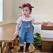 女童牛仔背带裙0-5岁夏季女宝宝可爱小熊连衣裙婴儿刺绣卡通裙子