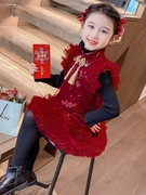 女童连衣裙秋冬2024中大儿童红色旗袍裙子冬季女孩公主裙洋气