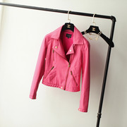 春秋韩版高腰粉红色皮衣，外套女短款小个子学生，修身机车pu夹克