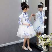 儿童公主裙演出服女童蓬蓬裙，青花瓷m古筝，演奏服装中国风