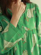 实物chao美的绿色大鹅纯棉，纱布长裙圆领卡通，长袖连衣裙秋季睡裙