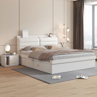 现代简约床白色卧室双人床气压收纳箱体高箱储物1.5米侧开小户型