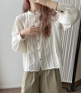 韩国zw左维24春装胸前褶皱，花边设计感韩版半高圆领单排扣衬衫