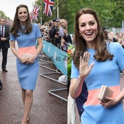 高级成衣定制凯特王妃同款天蓝色拼接粉色短袖及膝连衣裙女修身夏