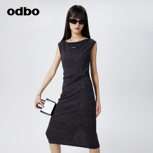 odbo/欧迪比欧时尚印花连衣裙女春季收腰显瘦两面穿直筒裙子
