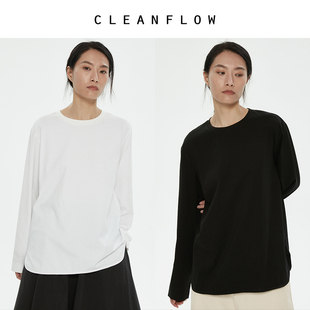 cleanflow精梳棉弧形下摆圆领，长袖衬衫式t恤打底白色设计感女