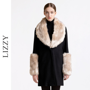 lizzy奢华风羊毛混纺可拆卸毛领，袖口直筒西装领中长款大衣秋冬女