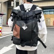 韩版街头潮流双肩包卷口时尚个性背包男大容量防水大学生书包