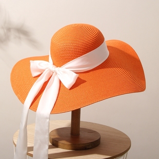 橘色可折叠大沿草帽夏季女度假沙滩飘带遮阳防晒防紫外线太阳帽子