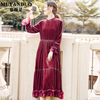 国际大牌秋天的连衣裙酒，红色长袖垂坠感气质真丝绒复古洋气
