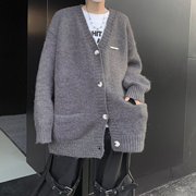 深灰色cleanfit毛衣男秋季慵懒风，高级感v领针织，开衫美式复古外套