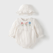婴儿衣服2024春秋季洋气，时髦长袖哈衣满月周岁包屁衣女宝宝连体衣