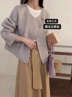 韩系圆领双面羊绒大衣女，短款单排扣小个子羊，毛呢外套2024春季