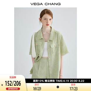 vegachang夏季休闲套装，女2024小香风短袖外套直筒短裤两件套