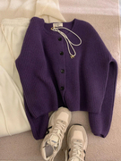 紫色圆领短款毛衣外套女秋冬季复古慵懒风软糯浣熊绒针织开衫上衣
