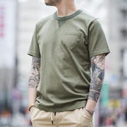 马登工装日系复古军绿色，t恤简约圆领，口袋短袖阿美咔叽纯色体恤男
