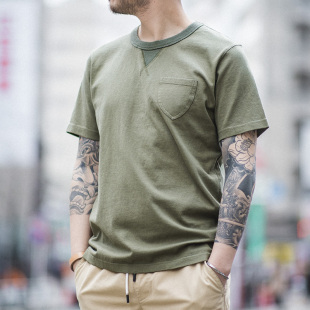 马登工装 日系复古军绿色t恤简约圆领口袋短袖阿美咔叽纯色体恤男
