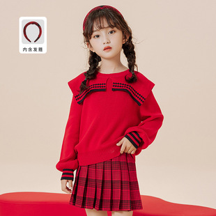 女童韩版针织套装，两件套秋冬儿童喜庆红色，毛衣格子短裙中大童